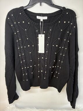 Pearl-Embellished Cable Knit Sweater - Black